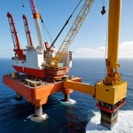 **Offshore wind turbine installation:** A massive crane vessel carefully lowering a turbine tower section onto a monopile foundation in the open ocean, waves gently lapping against the structure. Include a sense of scale with a small service vessel nearby. Focus on the engineering and logistical feat, with clear skies in the background.
