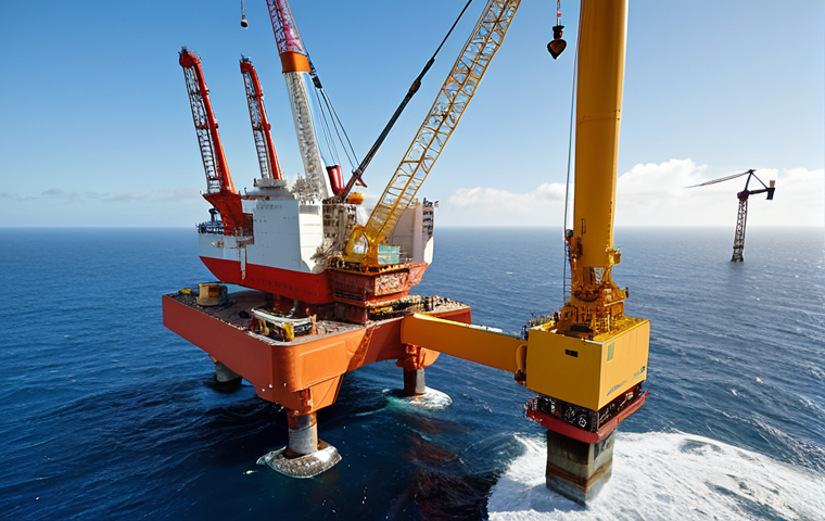 **Offshore wind turbine installation:** A massive crane vessel carefully lowering a turbine tower section onto a monopile foundation in the open ocean, waves gently lapping against the structure. Include a sense of scale with a small service vessel nearby. Focus on the engineering and logistical feat, with clear skies in the background.