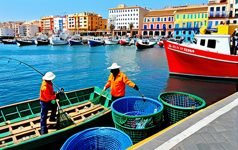 해양자원 개발에 대한 국제적인 논의 - Sustainable Seafood Harvest**

"A vibrant scene in a bustling, modern Spanish fishing port. Fisherme...