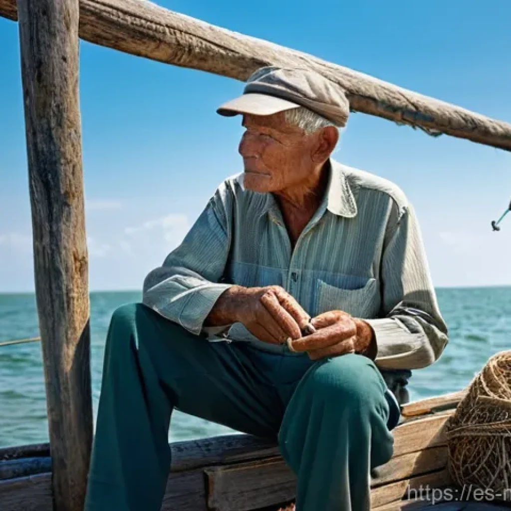 해양자원 개발의 사회적 영향 - **Prompt:** A wise, elderly male fisherman with deeply tanned and wrinkled hands, wearing a worn but...