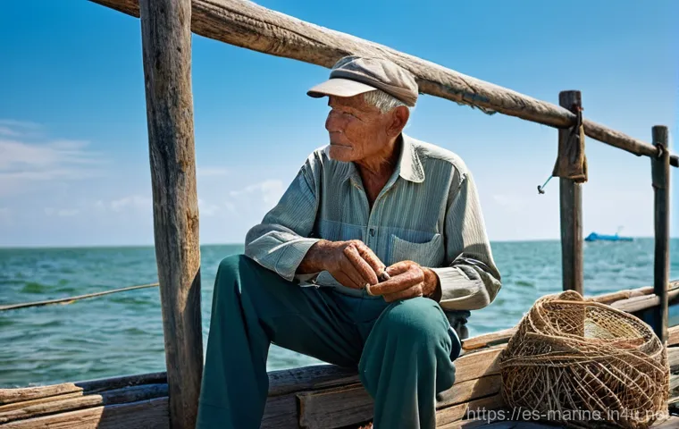 해양자원 개발의 사회적 영향 - **Prompt:** A wise, elderly male fisherman with deeply tanned and wrinkled hands, wearing a worn but...
