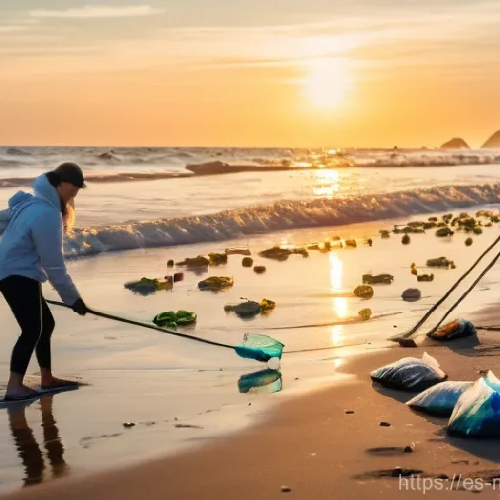 해양 자원 국제 협약 - **Prompt:** A vibrant scene of diverse, energetic volunteers (adults and teenagers) engaged in a bea...