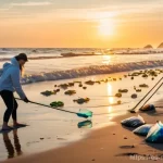 해양 자원 국제 협약 - **Prompt:** A vibrant scene of diverse, energetic volunteers (adults and teenagers) engaged in a bea...