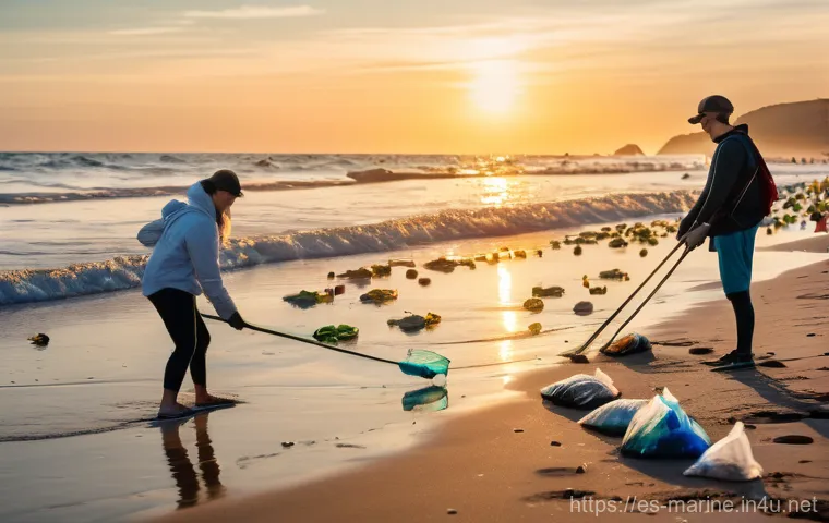 해양 자원 국제 협약 - **Prompt:** A vibrant scene of diverse, energetic volunteers (adults and teenagers) engaged in a bea...