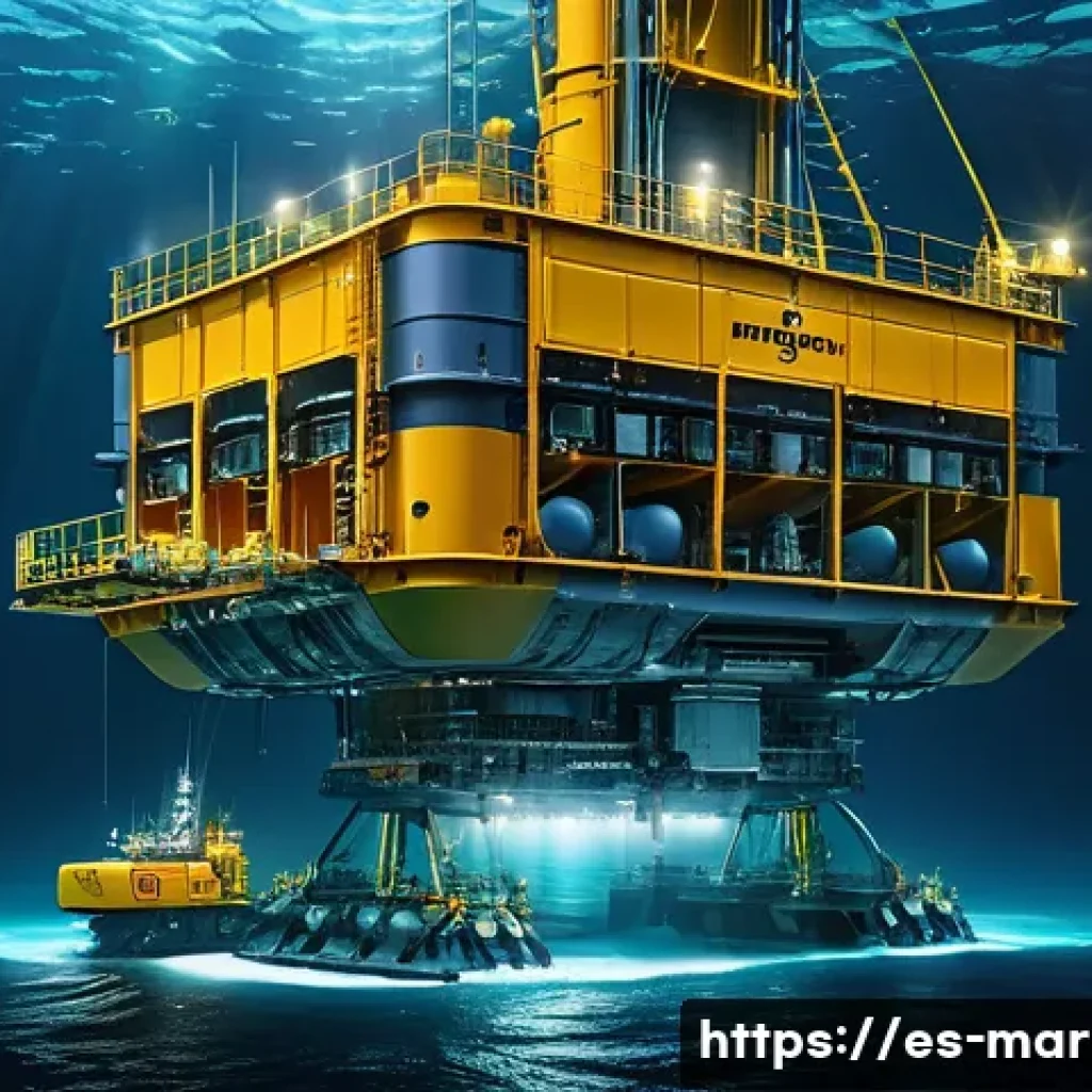 해양화석연료 개발 - A highly detailed underwater scene showing a state-of-the-art semi-submersible drilling platform ope...