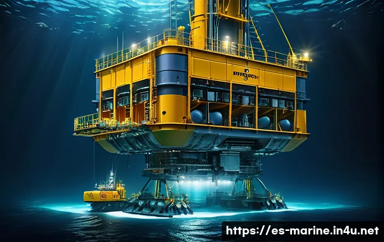 해양화석연료 개발 - A highly detailed underwater scene showing a state-of-the-art semi-submersible drilling platform ope...