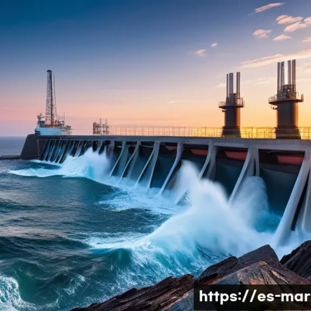 해양에너지 개발 - A coastal tidal energy power plant at sunset, featuring large, corrosion-resistant tidal barrages an...