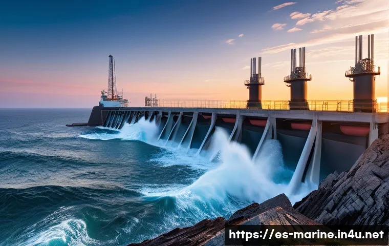 해양에너지 개발 - A coastal tidal energy power plant at sunset, featuring large, corrosion-resistant tidal barrages an...