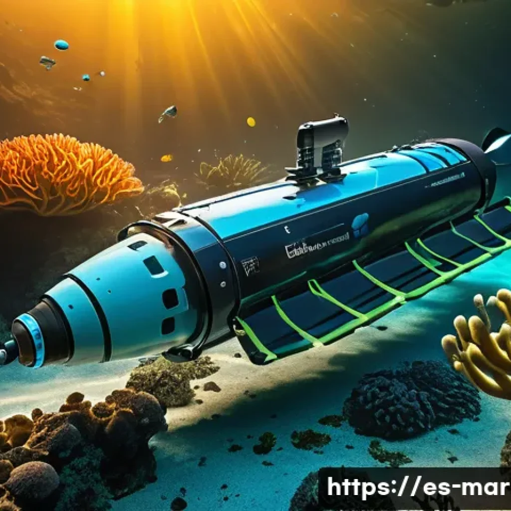해양자원 개발에 대한 투자 전망 - A highly detailed underwater scene showing advanced autonomous underwater vehicles (AUVs) equipped w...