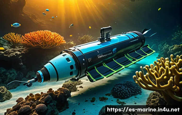 해양자원 개발에 대한 투자 전망 - A highly detailed underwater scene showing advanced autonomous underwater vehicles (AUVs) equipped w...