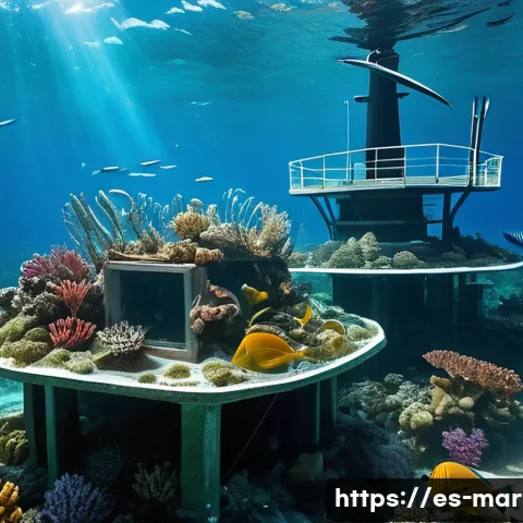 해양풍력 발전의 환경적 영향 - A detailed underwater scene near offshore wind turbines showing a vibrant artificial reef colonized ...