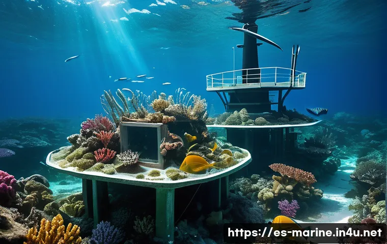 해양풍력 발전의 환경적 영향 - A detailed underwater scene near offshore wind turbines showing a vibrant artificial reef colonized ...