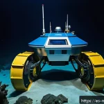 심해광물 채굴 기술 - A futuristic autonomous underwater mining robot operating on the deep ocean floor, equipped with adv...