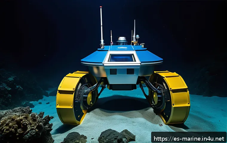 심해광물 채굴 기술 - A futuristic autonomous underwater mining robot operating on the deep ocean floor, equipped with adv...