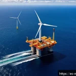 해양풍력 발전 수출 시장 - A colossal offshore wind turbine with advanced composite blades, towering over a deep blue ocean und...