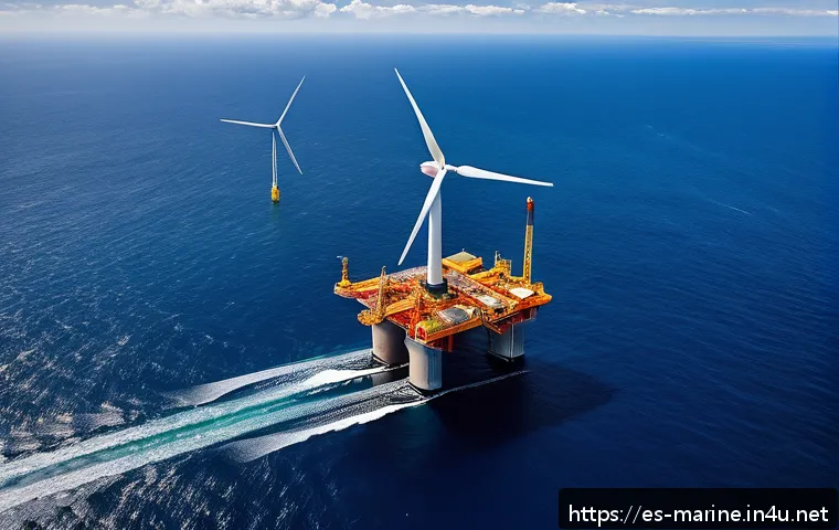 해양풍력 발전 수출 시장 - A colossal offshore wind turbine with advanced composite blades, towering over a deep blue ocean und...