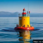 해양자원 개발 관련 스타트업 - A high-tech marine monitoring buoy floating on a calm ocean surface near a Spanish Mediterranean coa...