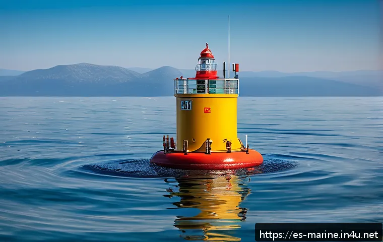 해양자원 개발 관련 스타트업 - A high-tech marine monitoring buoy floating on a calm ocean surface near a Spanish Mediterranean coa...