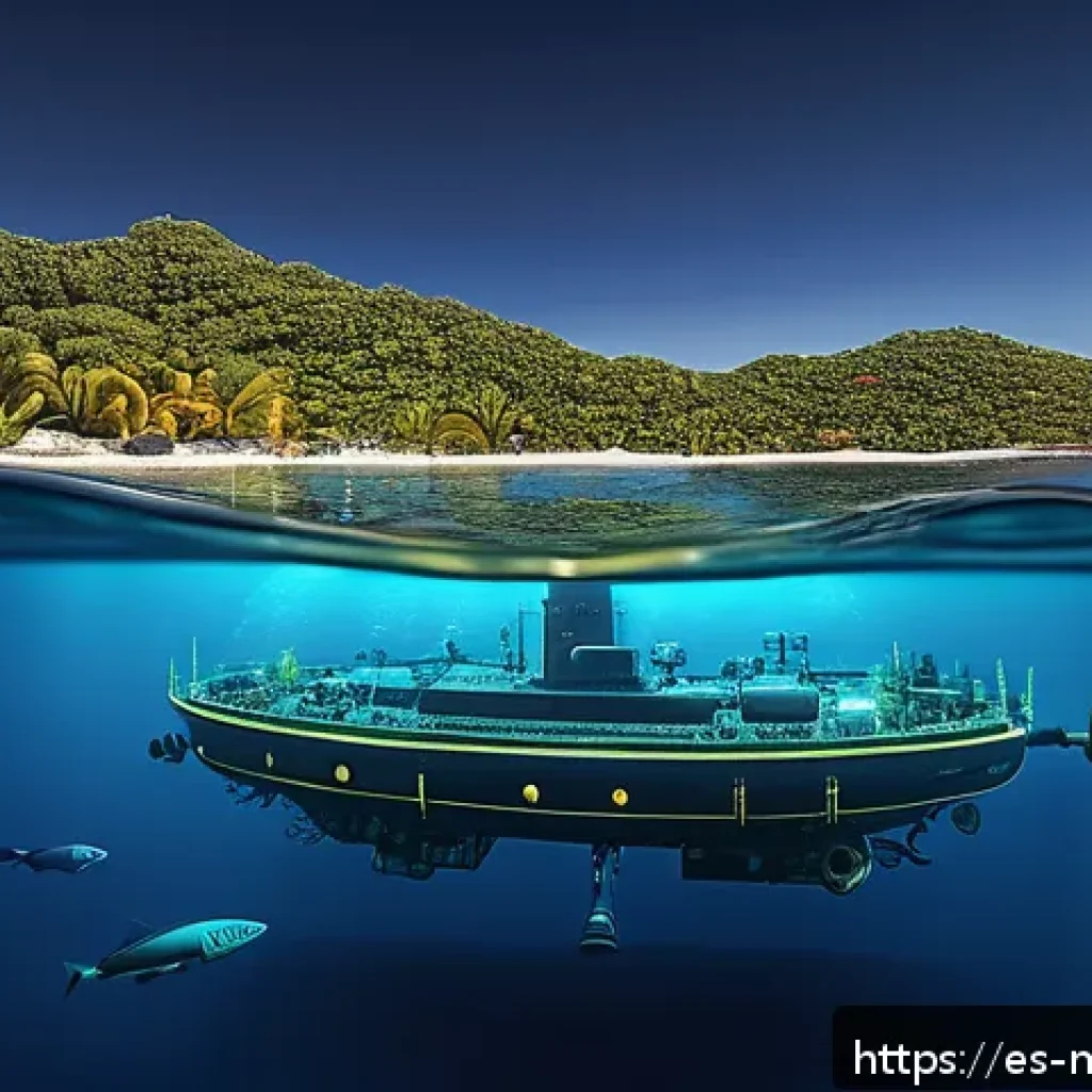 해양자원 개발과 해양 생물학 - A high-tech underwater scene showing a network of intelligent submarine sensors equipped with artifi...