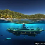 해양자원 개발과 해양 생물학 - A high-tech underwater scene showing a network of intelligent submarine sensors equipped with artifi...