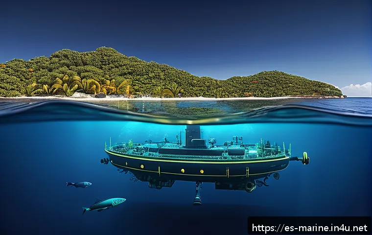 해양자원 개발과 해양 생물학 - A high-tech underwater scene showing a network of intelligent submarine sensors equipped with artifi...