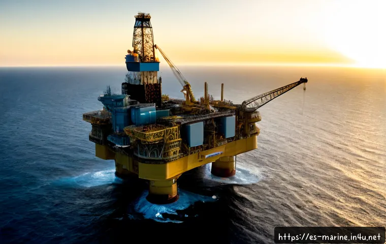 심해가스 시추 기술 - Photorealistic offshore deep-sea natural gas drilling platform in the Gulf of Mexico at sunrise, mas...